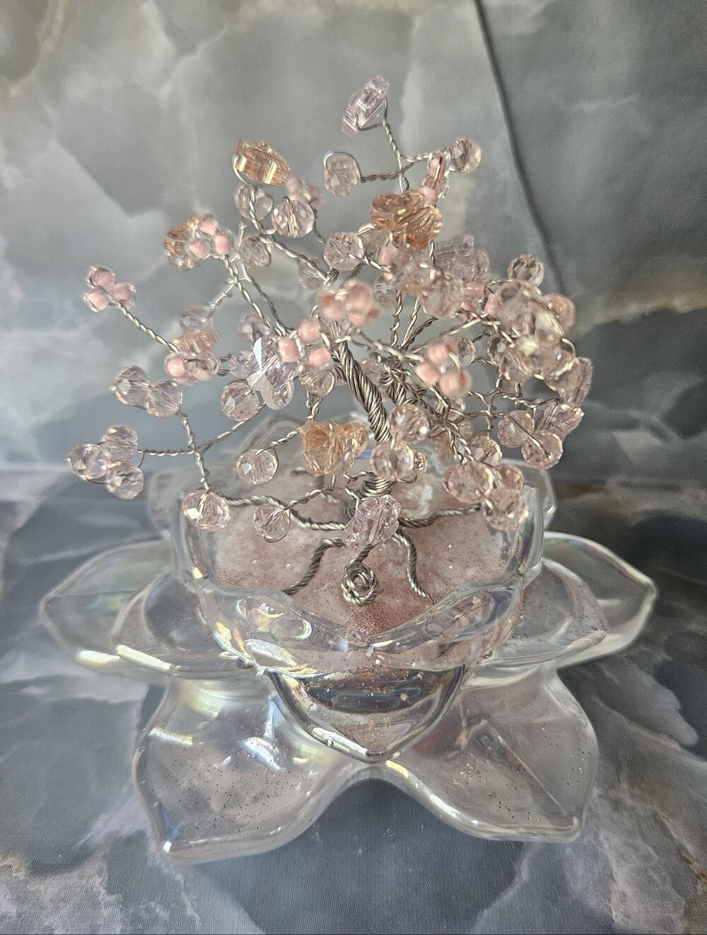 Handmade Pink Crystal Beaded Wire Tree in Glass Lotus Bowl